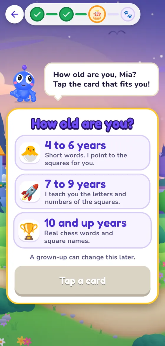 The set-up screen asking how old the child is, with three age cards