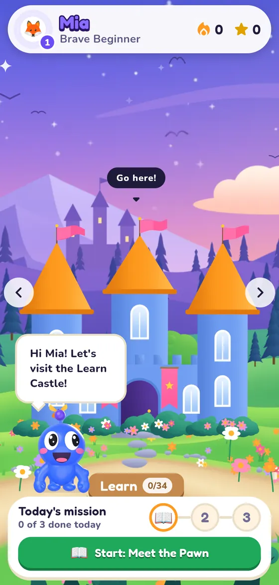 The app’s home screen: Toto’s Chess Island with the Learn Castle, and today’s mission