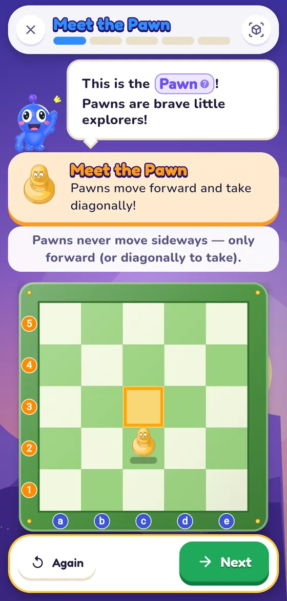A lesson on the pawn, with Toto explaining and a small board