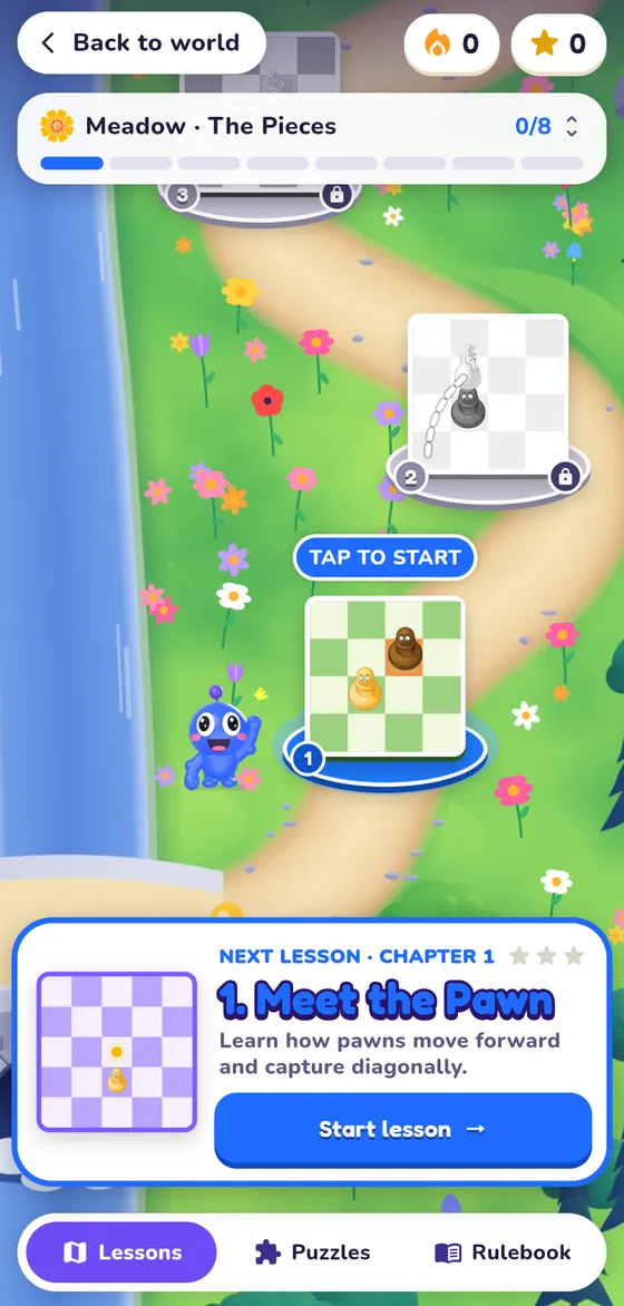 The lesson map in the Meadow, with the next lesson ready