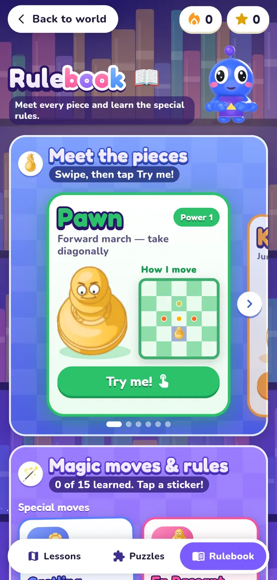 The rulebook showing the pawn, with a Try me button